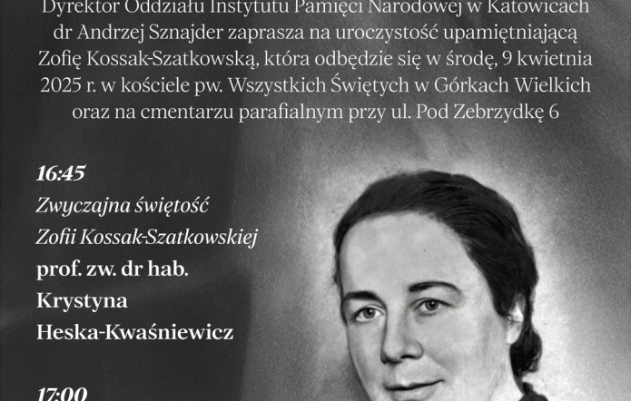 Grafika informująca o wydarzeniu związanych z 57. rocznicą śmierci Zoffi Kossak szatkowskiej.W lewym dolnym rogu zdjęcie Zofii, na reszcie grafiki tekst o wydarzeniu.Tekst biały, tło szare.